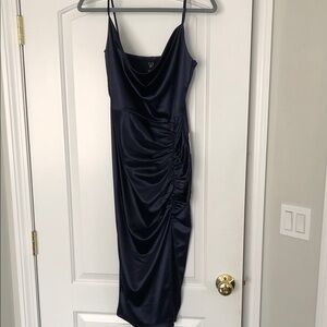 Windsor Navy Satin Ruched Midi Dress